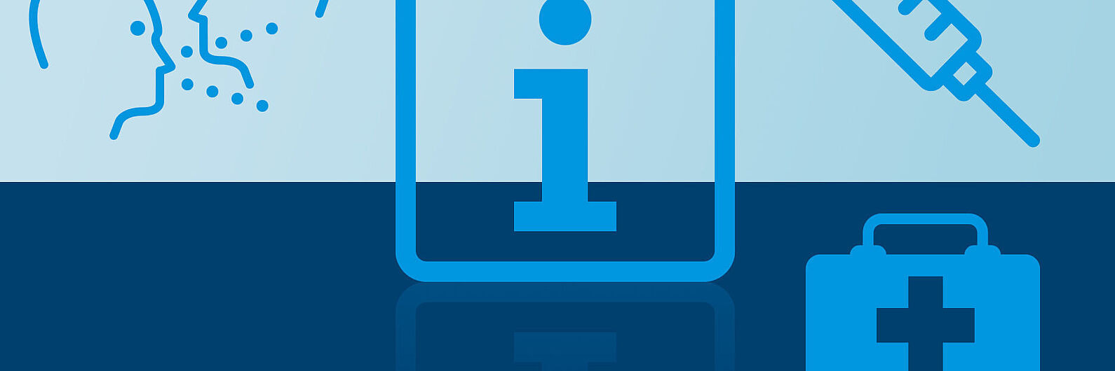 Illustration mit Icons, die eine hustende Person, einen Arztkoffer und eine Spritze darstellen.