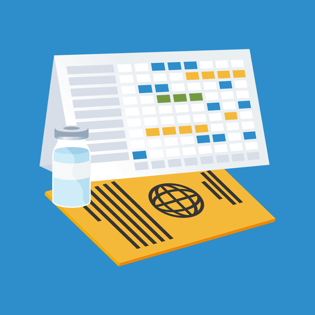 Illustration mit Impfkalender, Impfpass und Fläschchen