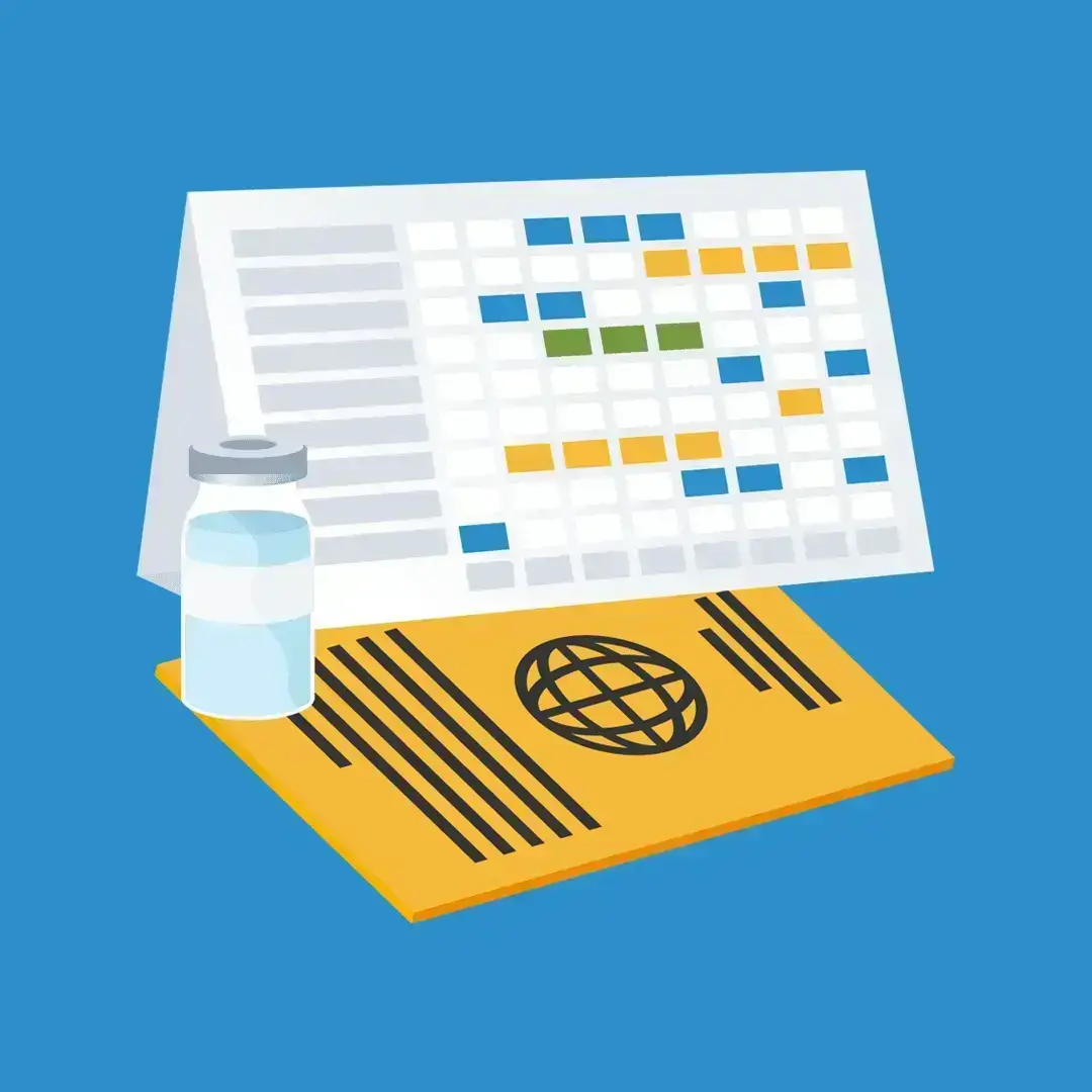 Illustration mit Impfkalender, Impfpass und Fläschchen