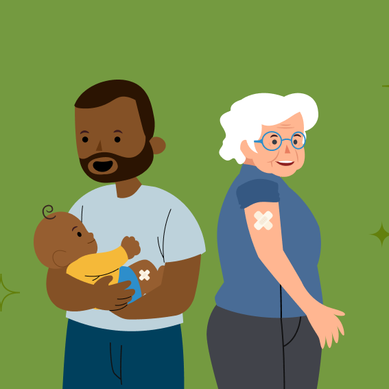 Ein Mann hält ein Baby auf dem Arm, das eine Prophylaxe erhalten hat. Daneben steht eine Seniorin, die eine Impfung erhalten hat.
