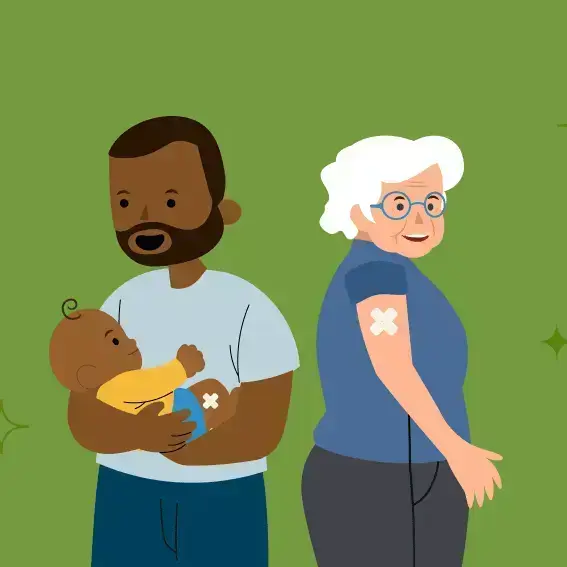 Ein Mann hält ein Baby auf dem Arm, das eine Prophylaxe erhalten hat. Daneben steht eine Seniorin, die eine Impfung erhalten hat.