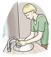 Die Illustration zeigt eine Frau, die sich die Haende mit Seife waescht.