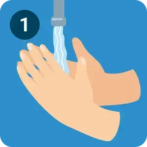 Icon, das Hände zeigt, die unter dem Wasserhahn nass gemacht werden.