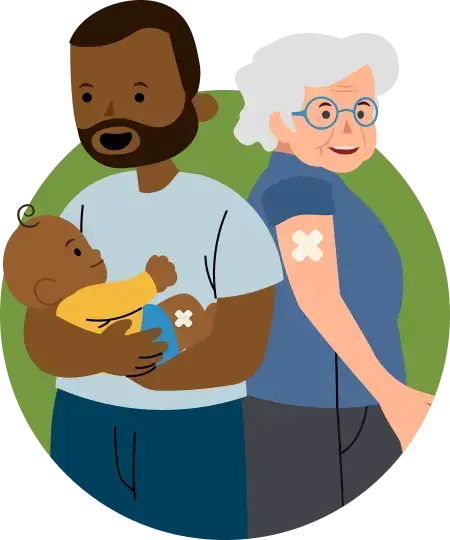 Mann hält ein Baby auf dem Arm, das ein Pflaster auf dem Bein hat, daneben eine ältere Frau, die ein Pflaster auf dem Arm hat