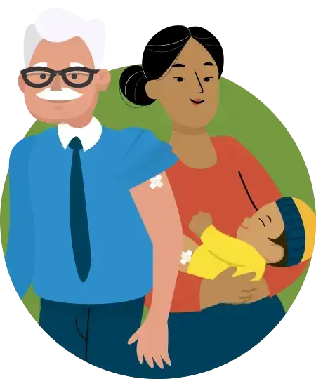 Älterer Mann mit Pflaster auf dem Arm, daneben Frau mit Baby auf dem Arm, das ein Pflaster auf dem Bein hat