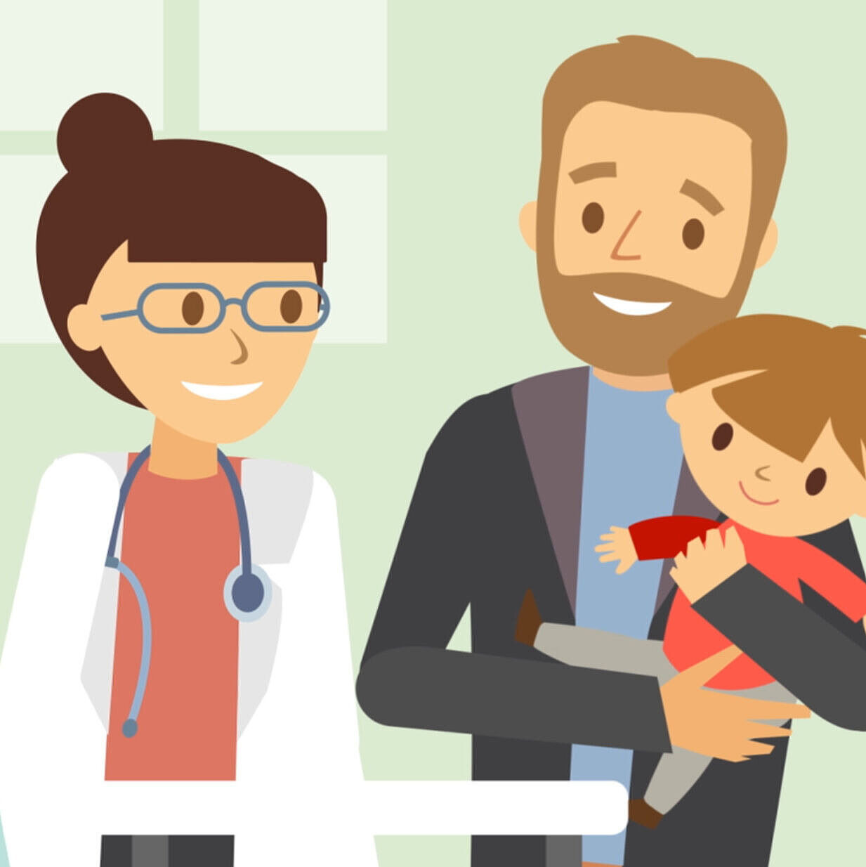Illustration: Vater mit Kind auf dem Arm und Kinderärztin