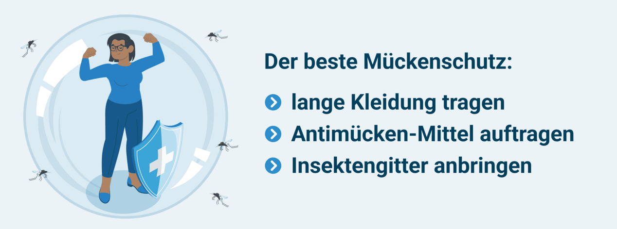 Der beste Mückenschutz: lange Kleidung tragen, Antimücken-Mittel auftragen, Insektengitter anbringen