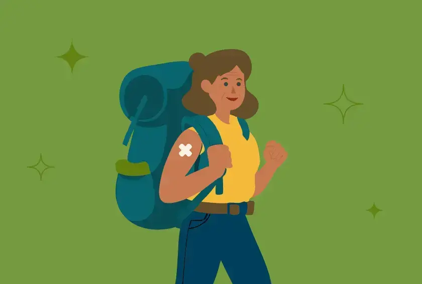 Illustration: Frau mit Wanderrucksack und Pflaster auf dem Oberarm