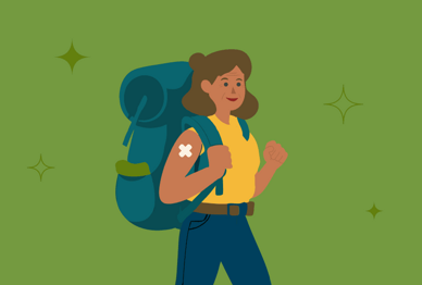 Illustration: Frau mit Wanderrucksack und Pflaster auf dem Oberarm