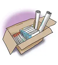 Die Illustration zeigt einen Karton mit Aufklebern und Postern