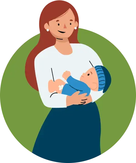 Frau hält ein Baby auf dem Arm, das ein Pflaster auf dem Bein hat