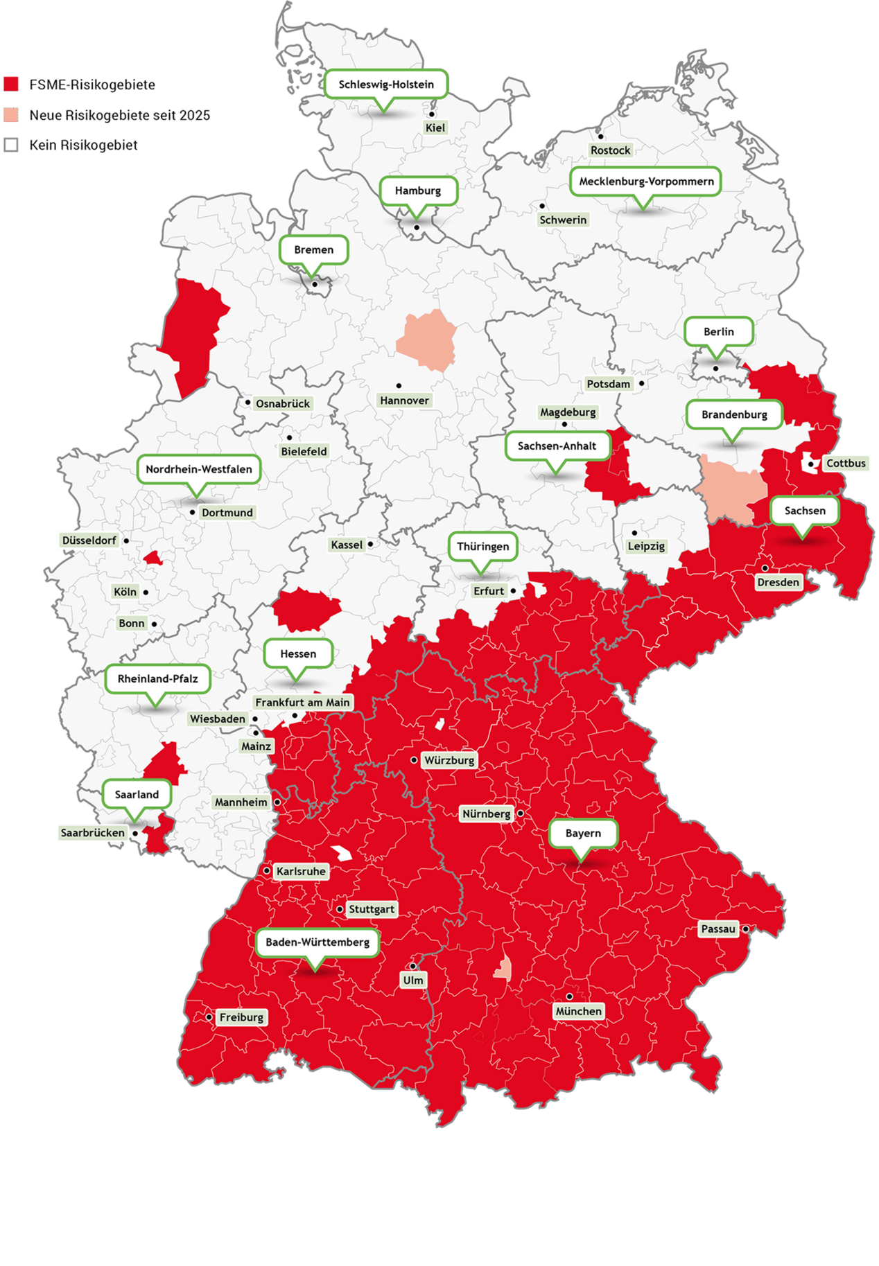 Übersichtskarte der FSME-Risikogebiete 2025