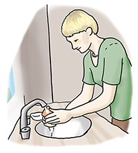 Die Illustration zeigt eine Frau, die sich die Haende mit Seife waescht.