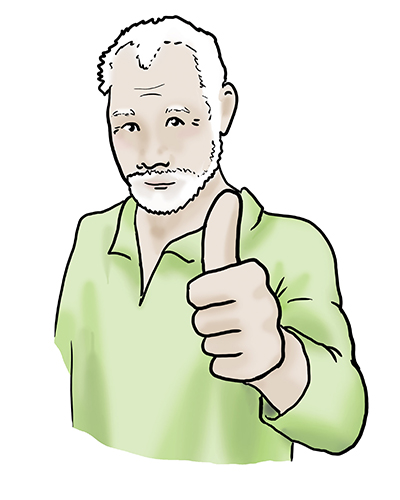 Die Illustration zeigt einen aelteren Mann, der seinen Daumen nach oben streckt