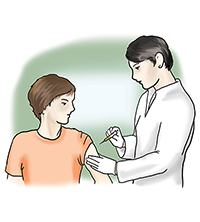 Die Illustration zeigt einen Arzt, der einem Patienten eine Spritze gibt.