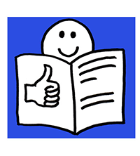 Die Strichzeichnung zeigt ein laechelndes Gesicht hinter einer Zeitung, auf der ein erhobener Daumen zu sehen ist als Symbolik für leichte Sprache.