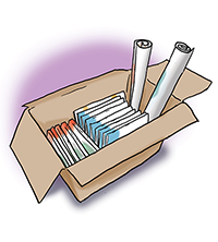 Die Illustration zeigt einen Karton mit Aufklebern und Postern