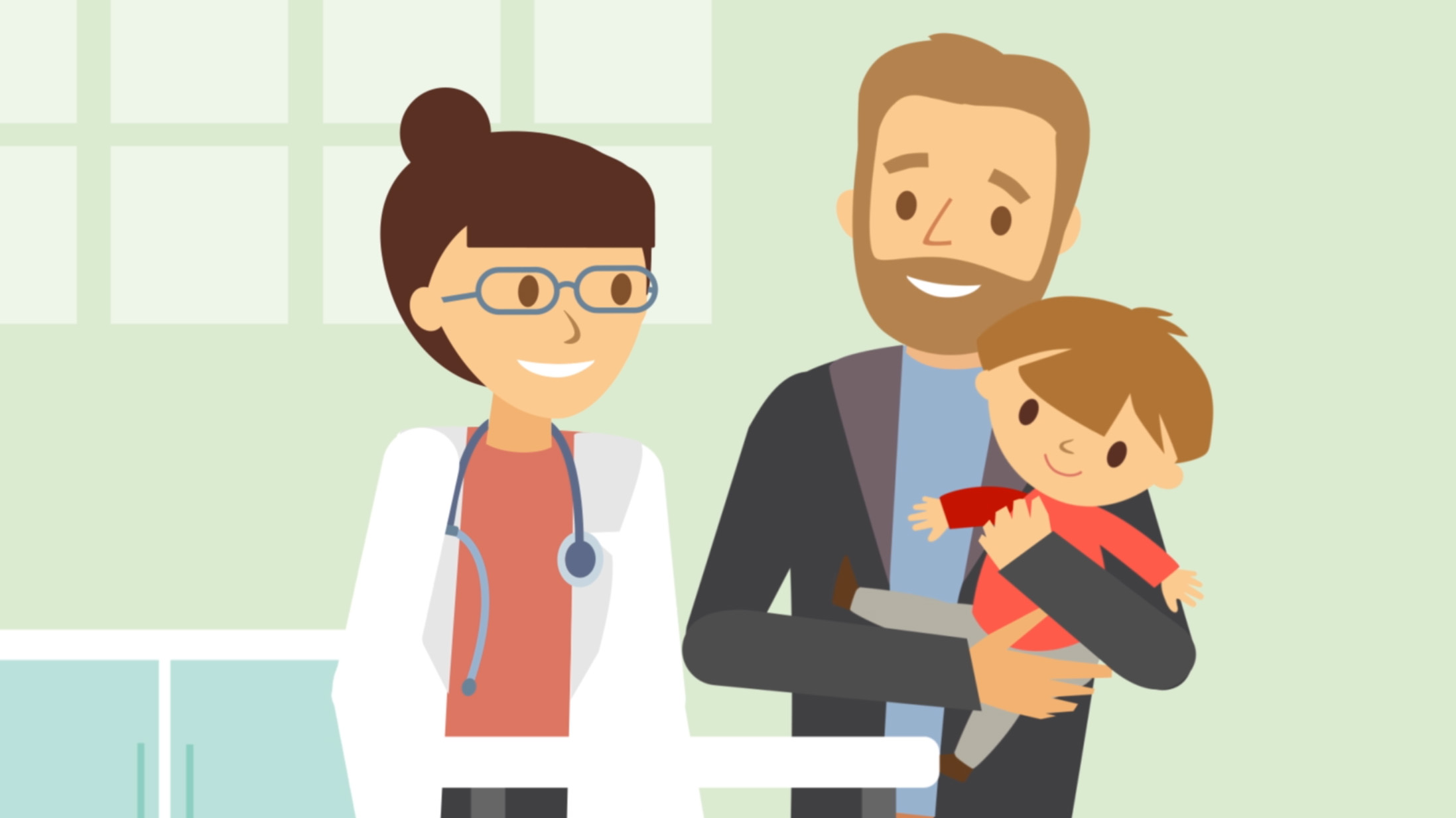 Illustration: Vater mit Kind auf dem Arm und Kinderärztin
