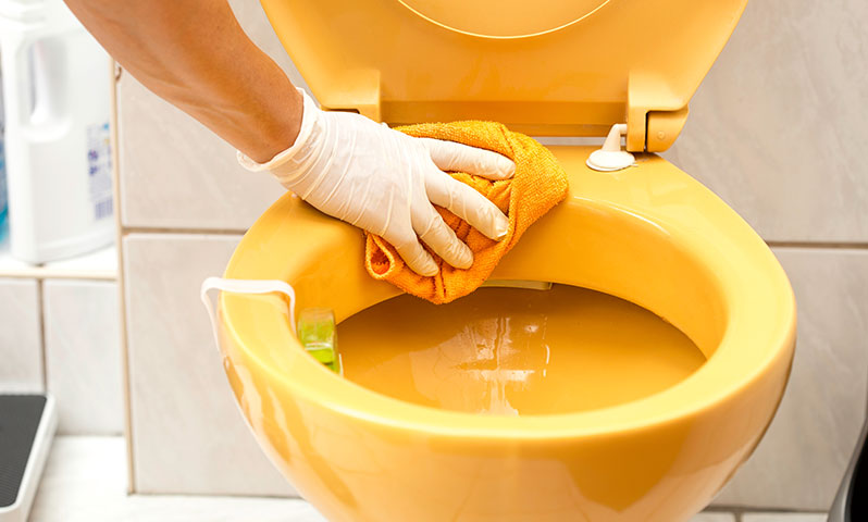 Person putzt Toilette (© iStock.com / deepblue4you)