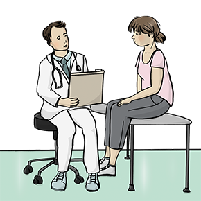 Die Illustration zeigt eine Frau, die auf eine Liege sitzt. Vor ihr sitzt ein Arzt mit einem Aktenhefter in der Hand auf einem Hocker.