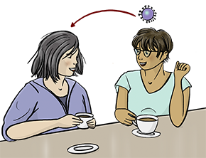 Die Illustration zeigt zwei Frauen, die gemeinsam Kaffee trinken. Die rechte Frau ist von vielen Viren umgeben.
