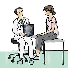 Die Illustration zeigt eine Frau, die auf einer Liege sitzt, und einen Arzt, der vor der Frau auf einem Hocker sitzt und der Frau ein Röntgenbild erklärt.