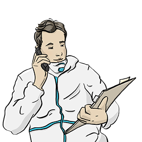 Die Illustration zeigt einen Mann in Schutzanzug mit einem Klemmbrett im Arm, der telefoniert.