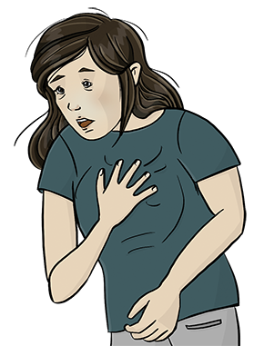 Die Illustration zeigt eine Frau mit erschrockenen, besorgten Gesichtszügen, die sich mit der Hand auf die Brust packt.