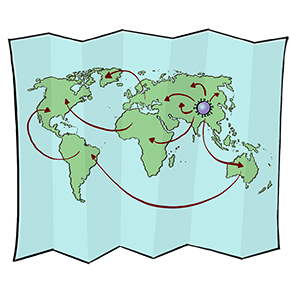 Die Illustration zeigt eine Weltkarte, auf der das Virus in China eingezeichnet ist. Pfeile gehen von diesem Virus aus und verdeutlichen die Ausbreitung des Virus über die Welt.