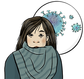 Die Illustration zeigt eine Frau mit sehr müden Augen, die einen dicken Schal trägt. Im Hintergrund sind drei Corona-Viren.