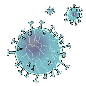 Die Illustration zeigt drei Corona-Viren. Es sind kleine Kugeln mit Stäbchen dran.