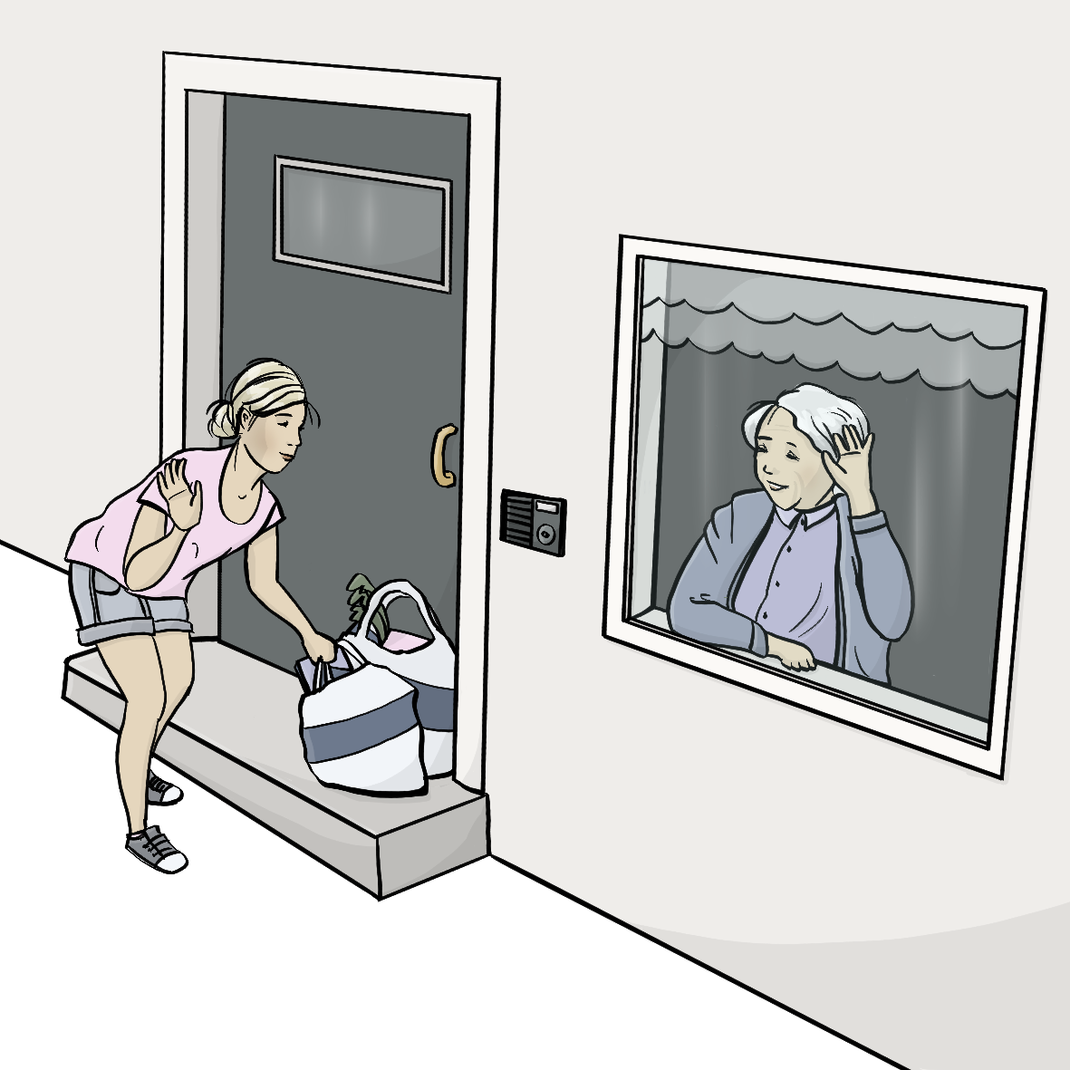 Junge Frau stellt älterer Frau Einkäufe vor die Tür