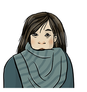 Die Illustration zeigt eine Frau mit sehr müden Augen, die einen dicken Schal um den Hals trägt.