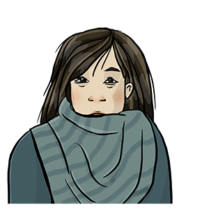 Die Illustration zeigt eine Frau mit sehr müden Augen, die einen dicken Schal um den Hals trägt. Die Illustration zeigt eine Frau mit sehr müden Augen, die einen dicken Schal um den Hals trägt.