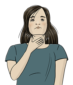 Die Illustration zeigt eine Frau mit leidendem Blick, die sich an den Hals packt.