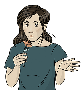 Die Illustration zeigt eine Frau mit enttäuschter Körperhaltung, weil sie sich eine Rose unter die Nase hält, aber den Duft nicht riechen kann.