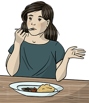 Die Illustration zeigt eine Frau mit enttäuschter Körperhaltung, weil sie was leckeres isst, aber nichts schmecken kann.