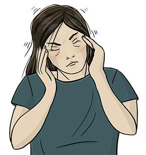 Die Illustration zeigt eine Frau mit schmerzverzehrtem Gesicht, die sich die Hände an die Schläfen hält.