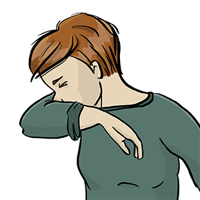 Die Illustration zeigt eine Person, die Nase und Mund in die Armbeuge drückt, weil sie niest oder hustet. Die Illustration zeigt eine Person, die Nase und Mund in die Armbeuge drückt, weil sie niest oder hustet.