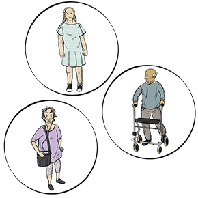 Die Illustration zeigt eine Frau, die ein Sauerstoffgerät in ihrer Tasche über die Schulter trägt, eine Frau, die ein Patientenkittel trägt, und einen älteren Herrn, der einen Rollator vor sich her schiebt.