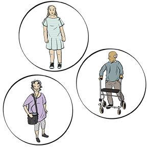 Die Illustration zeigt eine Frau, die ein Sauerstoffgerät in ihrer Tasche über die Schulter trägt, eine Frau, die ein Patientenkittel trägt, und einen älteren Herrn, der einen Rollator vor sich her schiebt. Die Illustration zeigt eine Frau, die ein Sauerstoffgerät in ihrer Tasche über die Schulter trägt, eine Frau, die ein Patientenkittel trägt, und einen älteren Herrn, der einen Rollator vor sich her schiebt.