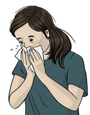 Die Illustration zeigt eine Frau, die sich mit einem Taschentuch die Nase putzt, weil sie Schnupfen hat.