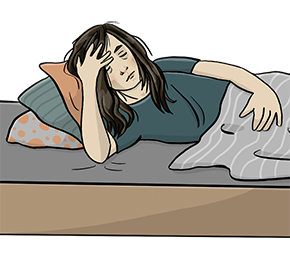 Die Illustration zeigt eine müde Frau, die im Bett liegt und sich den Kopf hält.
