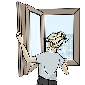 Die Illustration zeigt eine Frau, die gerade ein Fenster geöffnet hat.